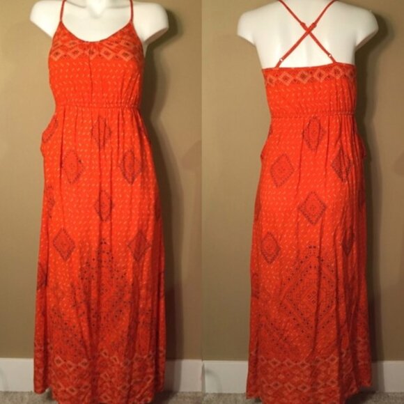 Lucky Brand Irving & Fine Orange Strappy Maxi Dress Pockets Sequin India XL - Picture 2 of 13